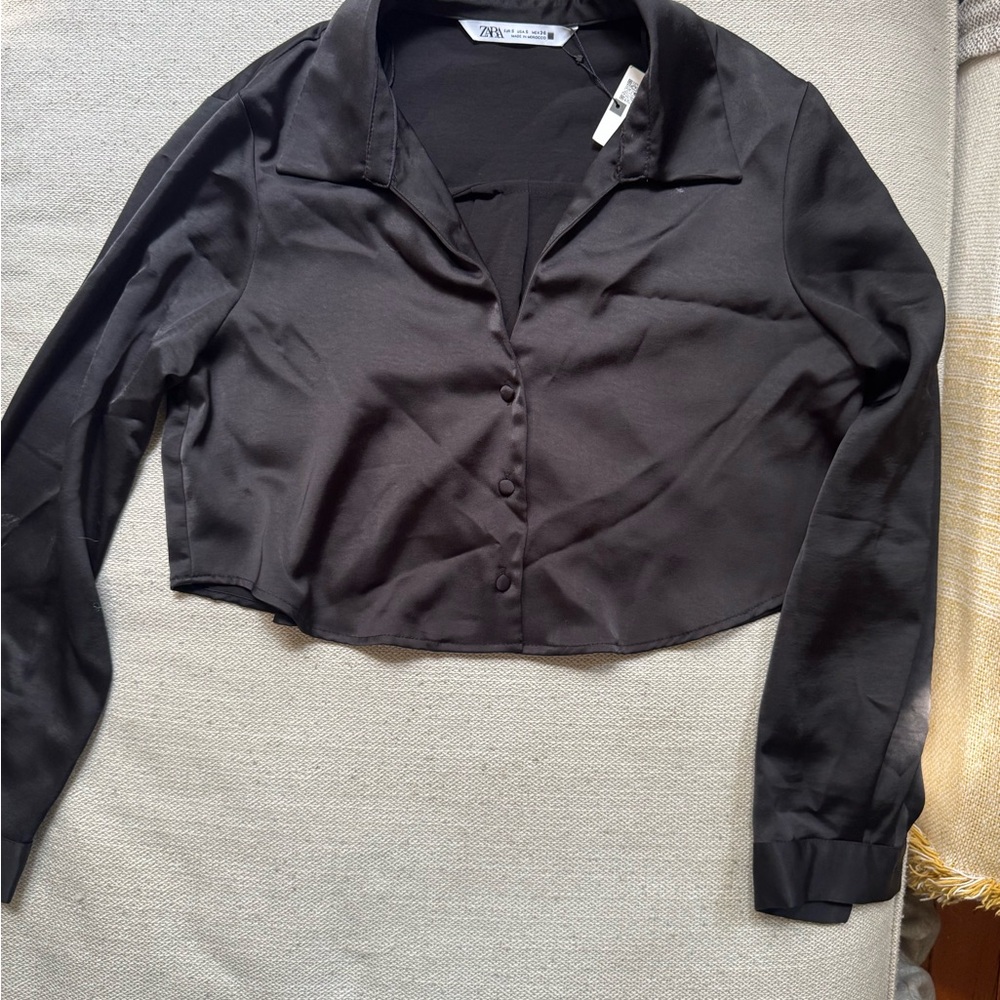 Zara Black Satin Button-Down Shirt